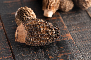 Morel Mushrooms on a Wooden Table