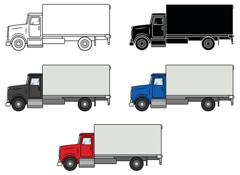 Moving Box Truck Clipart Set - Outline, Silhouette and Color