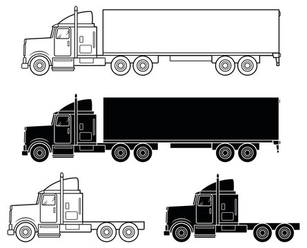 Large Transport Truck With and Without Trailer Clipart Set - Outline & Silhouette