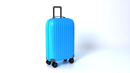 Stylish Blue Suitcase On Wheels isolated On White. Travel Concept, Suitcase 3D icon. 3D Rendering.
