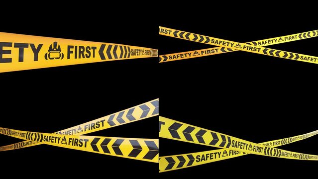 Safety First Sign Animation Green Screen, Safety first black yellow tape, 4 different angle, 4k render.