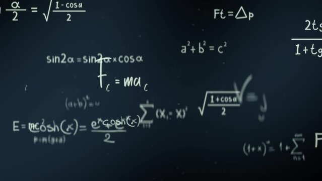Animation of typing mathematics and physics formulas in abstract digital space. 4k Animation of seamless looping
