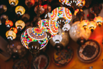 A bunch of turkish lamps at one of many Kemer gift shops. Antalya, Turkey.