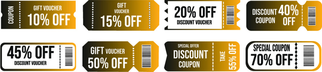 10% 15% 20% 40% 45% 50% 55% 70% discount coupon, promotional voucher and coupon template. Premium special price offers sale coupon or best retail price promotional vouchers. isolated vector icons.