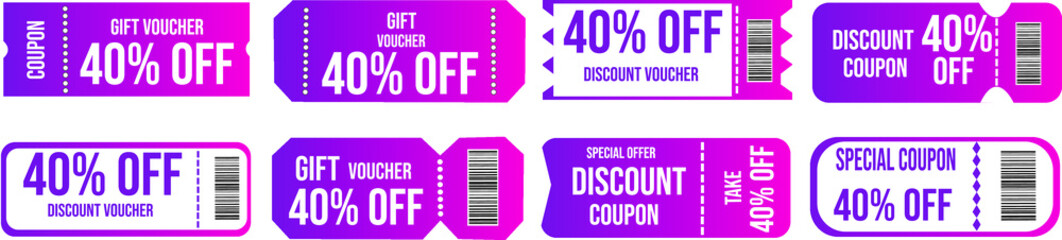 40% discount coupon, promotional voucher and coupon template. Premium special price offers sale coupon or best retail price promotional vouchers. isolated vector icons
