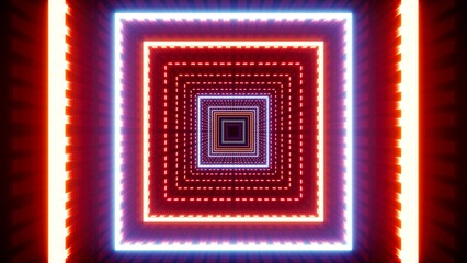 Flickering Concentric Red and Blue Square Light Tunnel 3D Rendering