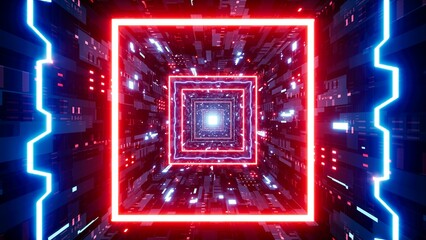 Glowing Red Square Frame in the Sci Fi Tunnel 3D Rendering