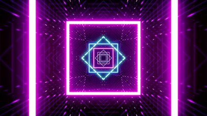Flickering Geometric Neon Light Frames on the Disco Space 3D Rendering