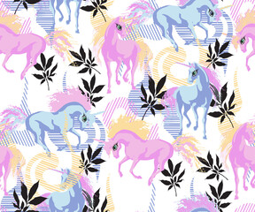 Fototapeta na wymiar Abstract seamless pattern, fantastic unicorns, pink and blue. Fashion textiles, fabric, packaging.