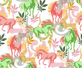 Fototapeta na wymiar Abstract seamless pattern, fantastic unicorns, red and green. Fashion textiles, fabric, packaging