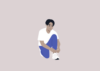 A young male Asian character tying their shoes, a daily routine ritual