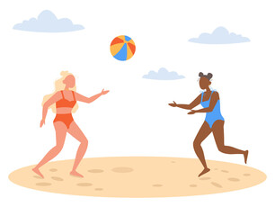 Two girls in swimsuits on the beach playing ball. Vector graphic.	