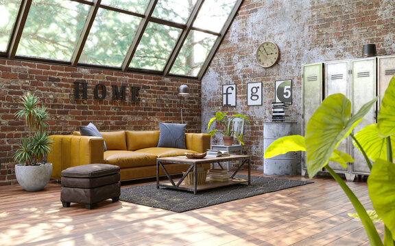 Industrial style of interior design with grunge walls, loft style, 3d render	