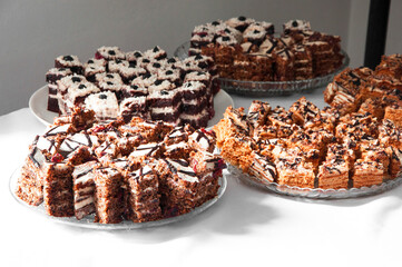 cake in a tray on the table. sweet dessert on a white background. holiday table concept. sweet treat illustration. slices of delicious cake in a bowl