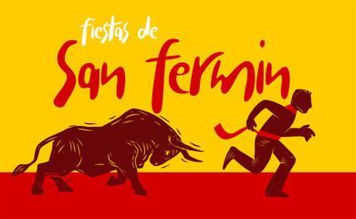 Pamplona Festival. People running from bulls in Spain. Feast of Saint Fermin (fiestas de San Fermin)