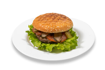 Hamburger, cutlet, cheese, greens, Sentwitch, cheesburger, aphetic, photography, on a white plate, on a white background.