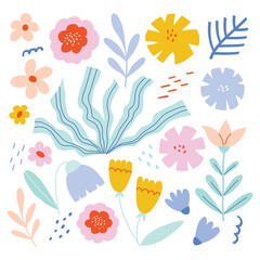 Floral clipart set. Colorful leaves and flowers. Vector design elements