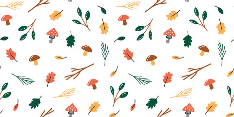 Forest seamless pattern. Mushrooms, branchs, spruce paws and leaves. Hand drawn flat style. Vector illustration.