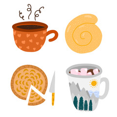Set of cozy autumn clip arts with seasonal food and drinks. Cute cup of hot coffee, ceramic mug with cacao and marshmallows, apple pie with cinnamon, baked bun. Hygge hand drawn illustration.