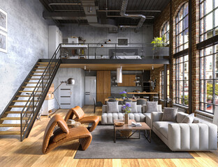 Industrial Style Loft Apartment with arch windows and indoor balcony, 3d render	

