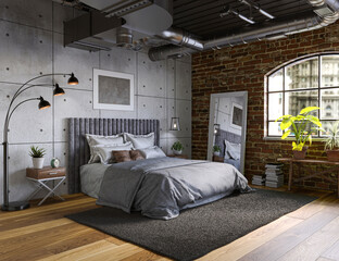 Industrial Style Loft Apartment with arch windows and indoor balcony, 3d render	
