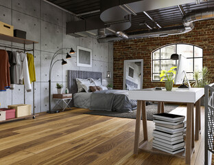 Fototapeta na wymiar Industrial Style Loft Apartment with arch windows and indoor balcony, 3d render 