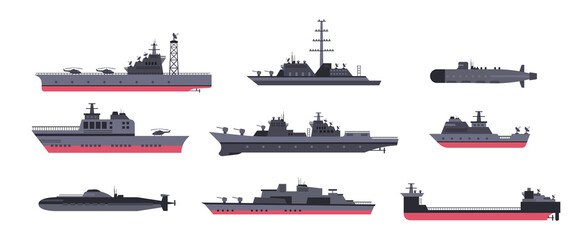 Military ships and submarines cartoon illustration set. Various warships, vessels and boats on white background. Navy, sea power, marine forces, war, battle concept © PCH.Vector