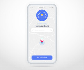 Smartphone smart home map gps search controlled app UX UI, IOT Internet of things technology, Home coordinate, Digital future home automation tech, smart devices application phone, vector illustration