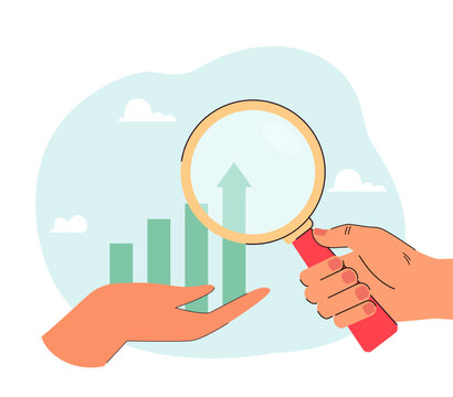 Person analyzing growing bar graph on hand. Metaphor for analysis of performance improvement flat vector illustration. Business growth, development concept for banner, website design or landing page