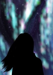 Girl silhouette in the northern light sky illustration 