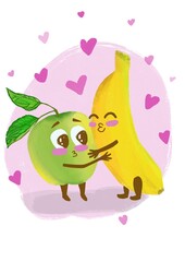 Apple and banana love valentines card illustration 