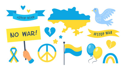 Symbols of support for Ukraine vector illustrations set. Collection of anti-war elements, Ukrainian flag, stop war banners and signs isolated on white background. War, military, peace concept