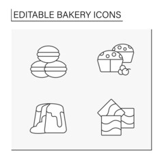 Bakery line icons set. Sweet desserts. Whoopie pie, muffins, lava cake, brownies. Tasty bread. Baking concepts. Isolated vector illustrations.Editable stroke