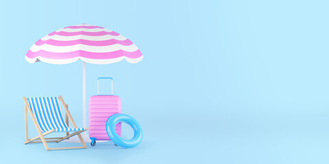Summer blue background. Beach chair, inflatable ring, sun umbrella, suitcase shadows. 3d illustration.