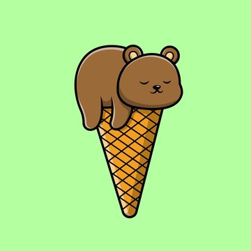 Cute Bear Sleeping On Ice Cream Cartoon Vector Icon Illustration. Animal Food Icon Concept Isolated Premium Vector.