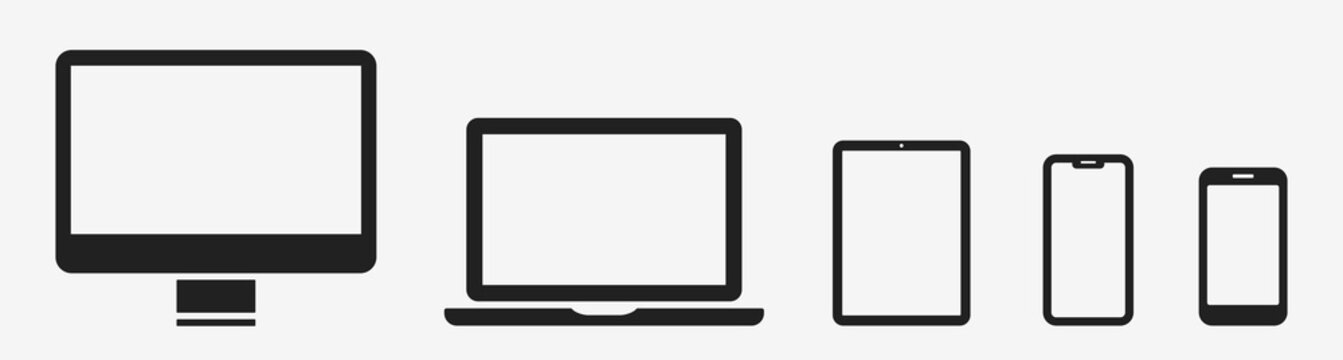 Device icon set: Laptop, Computer, Tablet and Smartphone. Devices symbols collection. Vector illustration