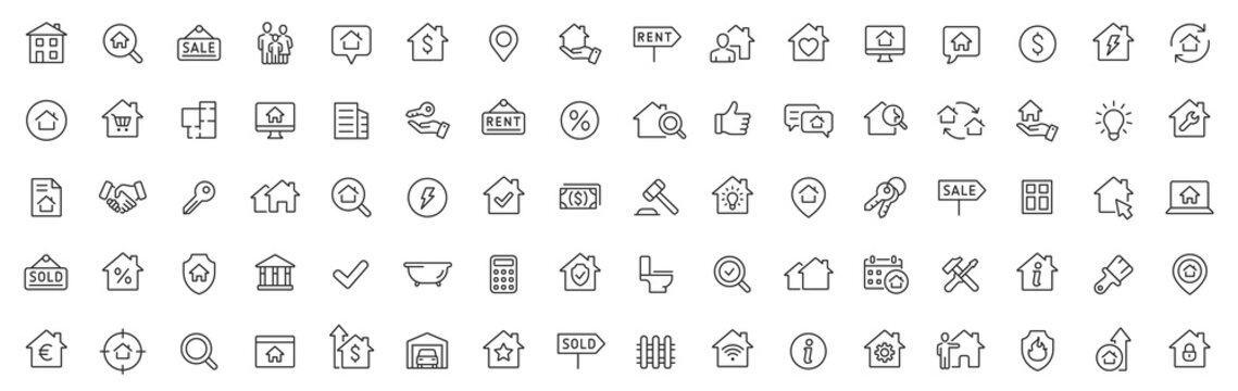 Real Estate thin line icons. Real estate symbols set. Home, House, Agent, Plan, Realtor icon. Vector illustration