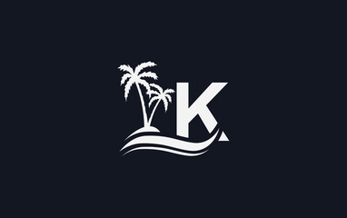Nature water wave and beach tree vector logo design with the letter and alphabet K