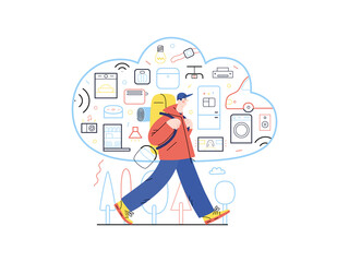 Technology Memphis - internet of things -modern flat vector concept digital illustration of home appliances remote control in cloud and hiking man. Creative landing web page illustration