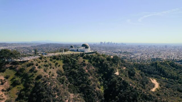 Aerial drone view of Griffith Observatory and Downtown Los Angeles skyline, Los Angeles, California, United States of America, North America