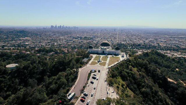 Aerial drone view of Griffith Observatory and Downtown Los Angeles skyline, Los Angeles, California, United States of America, North America