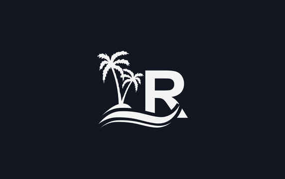 Nature water wave and beach tree vector logo design with the letter and alphabet R