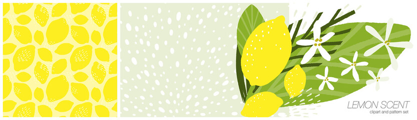 Lemon seamless pattern and citrus fruit, leaves, flowers and spray drops clipart for essential oil or scented product packaging. Low contrast background and isolated vector graphic collection.