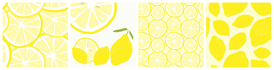 Fototapeta Simple lemon fruit and slice vector seamless pattern and clipart set. obraz