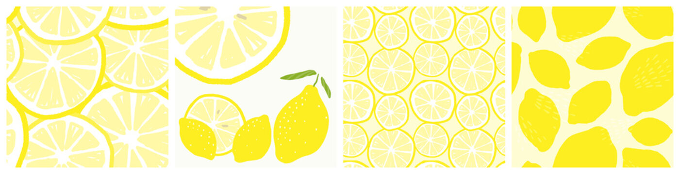 Simple lemon fruit and slice vector seamless pattern and clipart set.