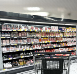 choosing a dairy products at supermarket.empty grocery cart in an empty supermarket