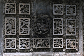 Sculptures on the outer walls of Hoysaleswara Temple at Halebidu, the former capital of the Hoysala, Karnataka.