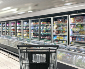 choosing a dairy products at supermarket.empty grocery cart in an empty supermarket