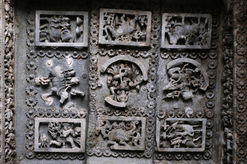 Sculptures on the outer walls of Hoysaleswara Temple at Halebidu, the former capital of the Hoysala, Karnataka.