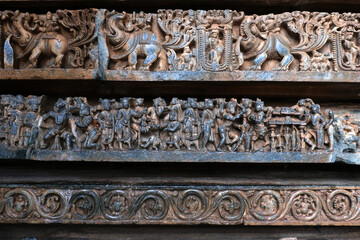 Sculptures on the outer walls of Hoysaleswara Temple at Halebidu, the former capital of the...
